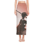 Sunset Japanese Samurai Print Side Slit Maxi Skirt