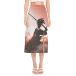 Sunset Japanese Samurai Print Side Slit Midi Skirt