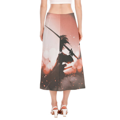 Sunset Japanese Samurai Print Side Slit Midi Skirt
