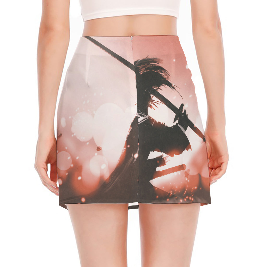Sunset Japanese Samurai Print Side Slit Mini Skirt