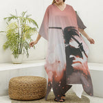 Sunset Japanese Samurai Print Silk V-Neck Kaftan Dress