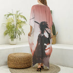 Sunset Japanese Samurai Print Silk V-Neck Kaftan Dress