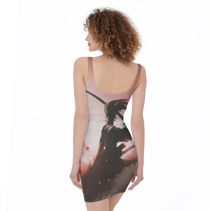 Sunset Japanese Samurai Print Sleeveless Bodycon Dress
