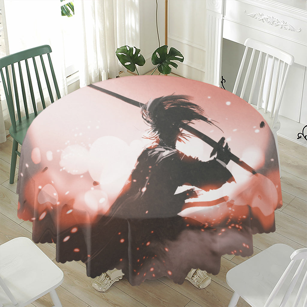 Sunset Japanese Samurai Print Waterproof Round Tablecloth