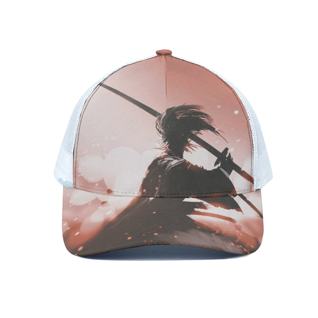 Sunset Japanese Samurai Print White Mesh Trucker Cap