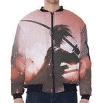 Sunset Japanese Samurai Print Zip Sleeve Bomber Jacket