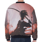 Sunset Japanese Samurai Print Zip Sleeve Bomber Jacket