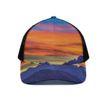 Sunset Mountain Print Black Mesh Trucker Cap