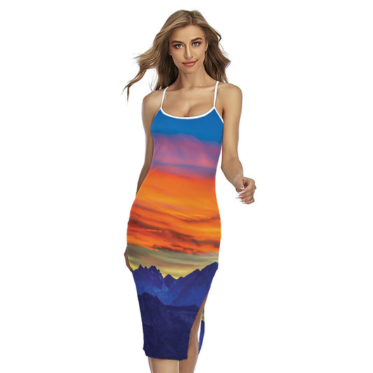 Sunset Mountain Print Cross Back Cami Dress