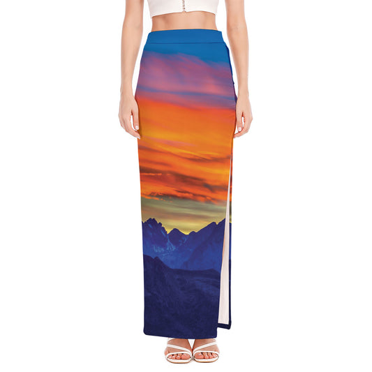 Sunset Mountain Print High Slit Maxi Skirt