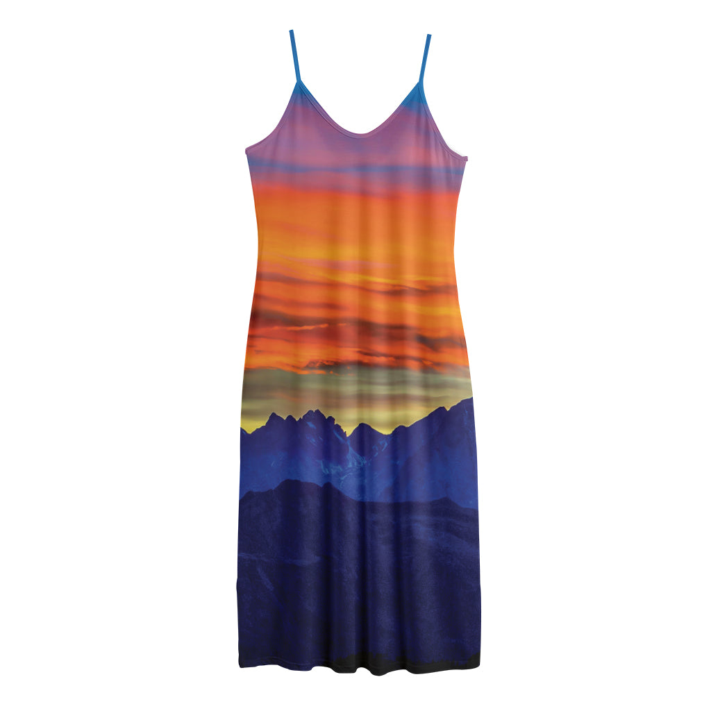 Sunset Mountain Print Jersey Midi Cami Dress