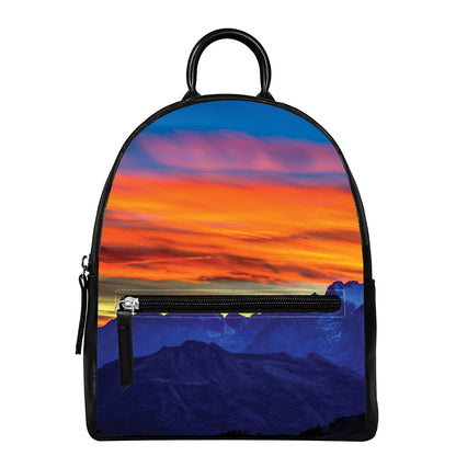 Sunset Mountain Print Leather Backpack