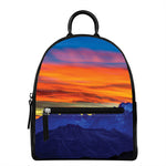 Sunset Mountain Print Leather Backpack