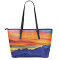 Sunset Mountain Print Leather Tote Bag With Zipper