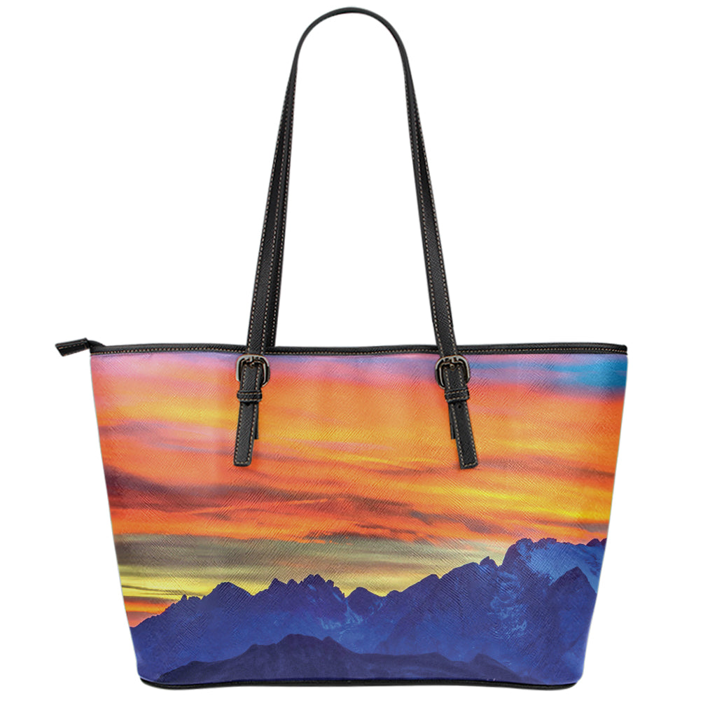Sunset Mountain Print Leather Tote Bag