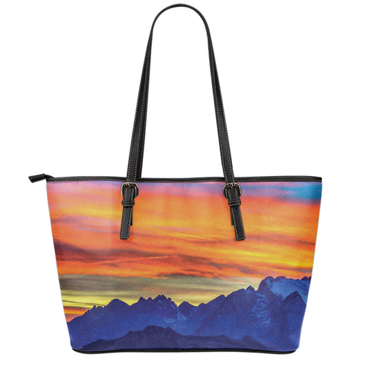 Sunset Mountain Print Leather Tote Bag