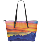 Sunset Mountain Print Leather Tote Bag