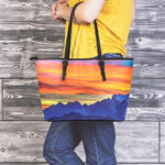 Sunset Mountain Print Leather Tote Bag