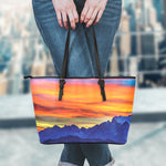 Sunset Mountain Print Leather Tote Bag