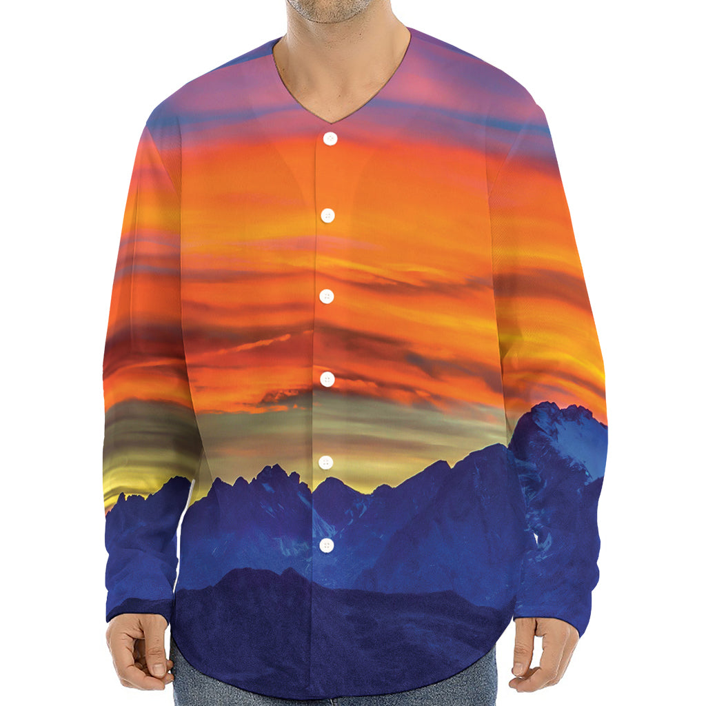 Sunset Mountain Print Long Sleeve Baseball Jersey