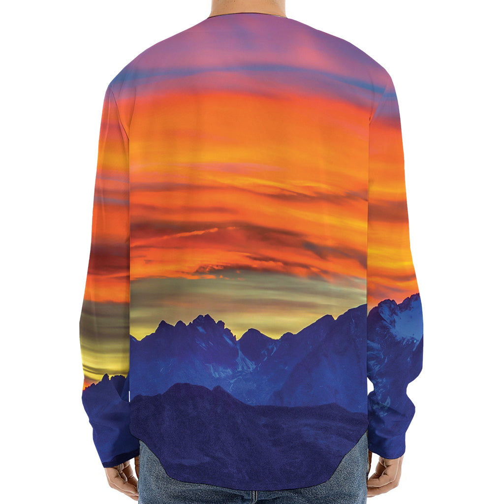 Sunset Mountain Print Long Sleeve Baseball Jersey