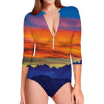 Sunset Mountain Print Long Sleeve Swimsuit