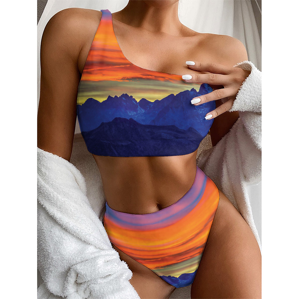 Sunset Mountain Print One Shoulder Bikini Top