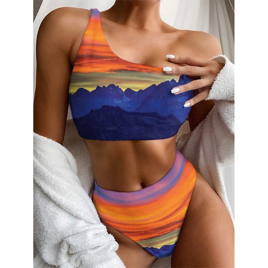 Sunset Mountain Print One Shoulder Bikini Top