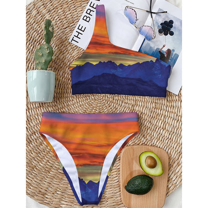 Sunset Mountain Print One Shoulder Bikini Top