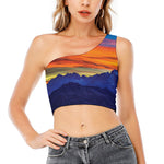 Sunset Mountain Print One Shoulder Crop Top
