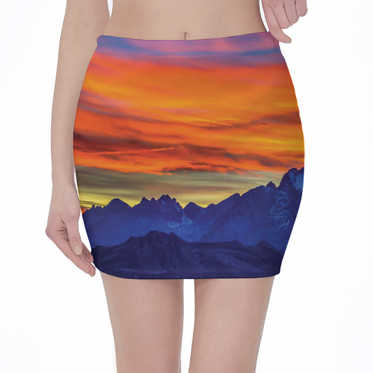 Sunset Mountain Print Pencil Mini Skirt