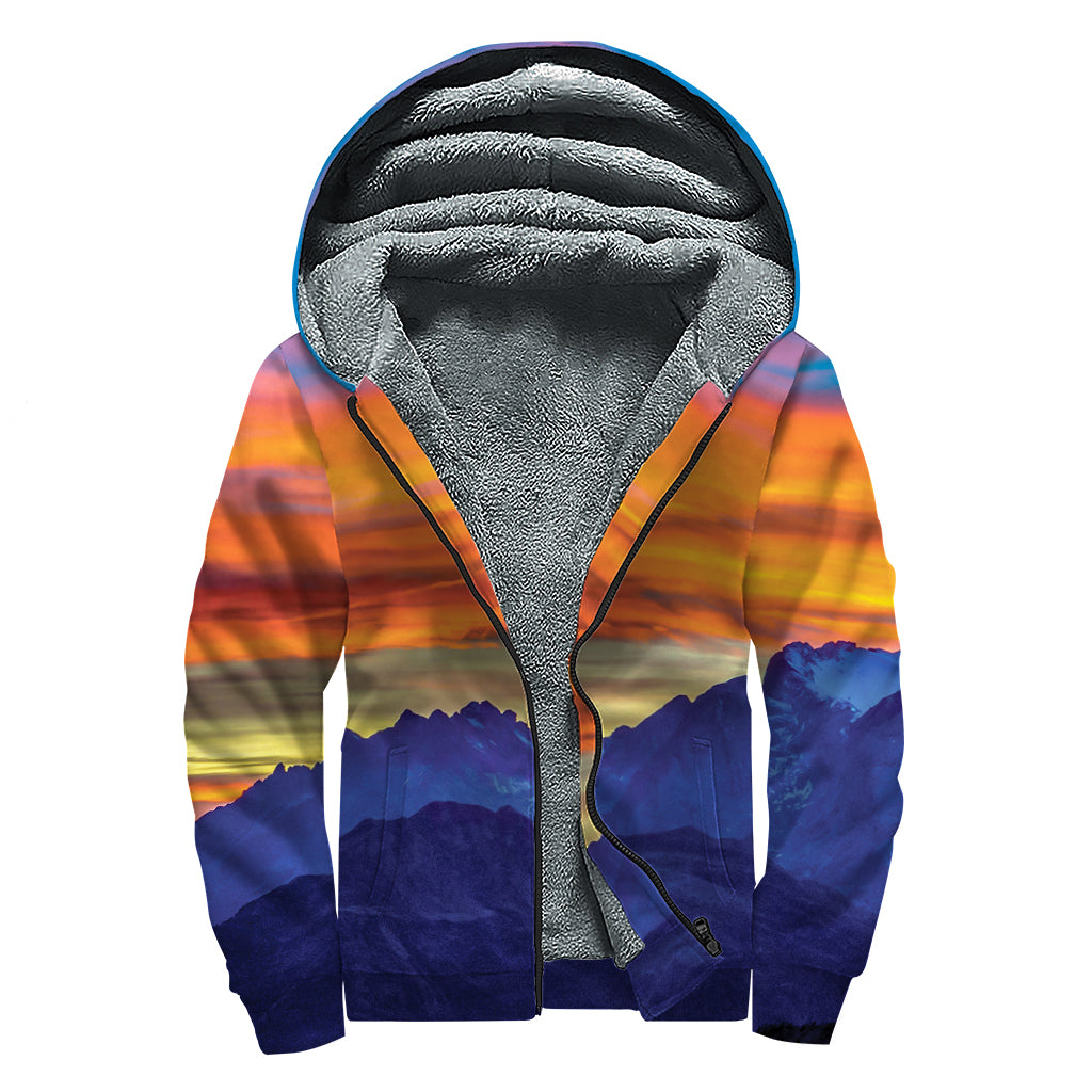 Sunset Mountain Print Sherpa Lined Zip Up Hoodie