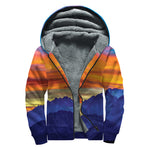 Sunset Mountain Print Sherpa Lined Zip Up Hoodie