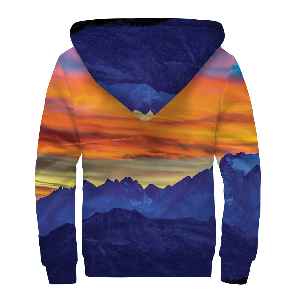 Sunset Mountain Print Sherpa Lined Zip Up Hoodie