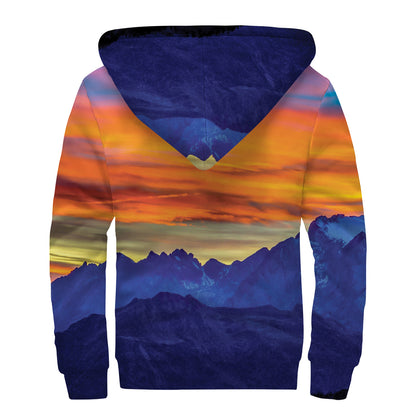 Sunset Mountain Print Sherpa Lined Zip Up Hoodie
