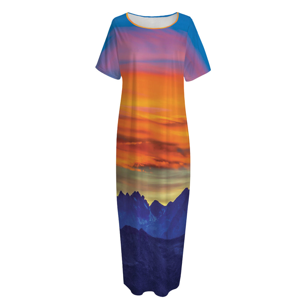 Sunset Mountain Print Short Sleeve Long Nightdress