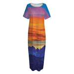 Sunset Mountain Print Short Sleeve Long Nightdress