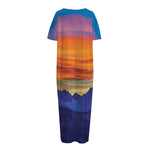 Sunset Mountain Print Short Sleeve Long Nightdress
