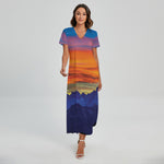 Sunset Mountain Print Short Sleeve Maxi Dress