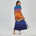 Sunset Mountain Print Short Sleeve Maxi Dress