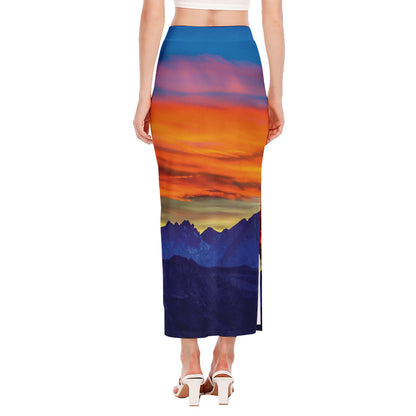 Sunset Mountain Print Side Slit Maxi Skirt