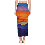 Sunset Mountain Print Side Slit Maxi Skirt