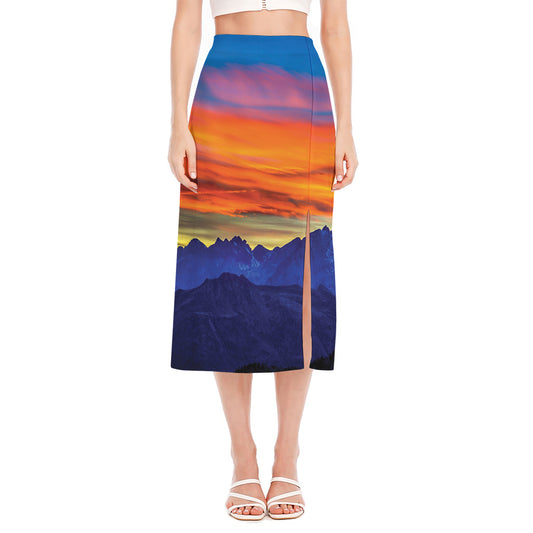 Sunset Mountain Print Side Slit Midi Skirt