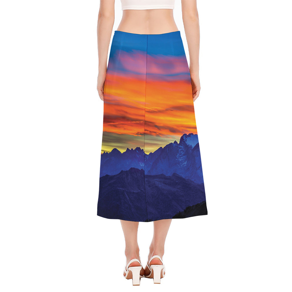 Sunset Mountain Print Side Slit Midi Skirt