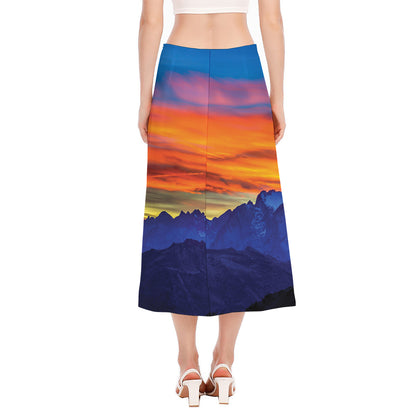 Sunset Mountain Print Side Slit Midi Skirt