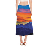 Sunset Mountain Print Side Slit Midi Skirt