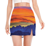 Sunset Mountain Print Side Slit Mini Skirt
