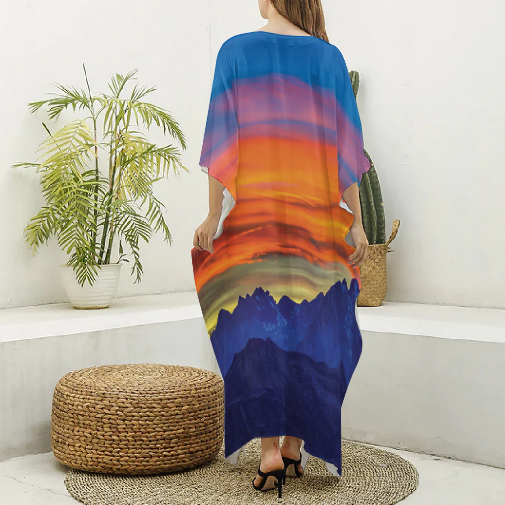 Sunset Mountain Print Silk V-Neck Kaftan Dress