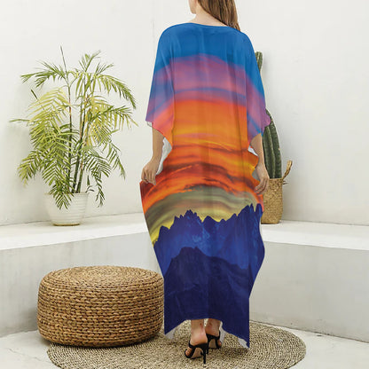 Sunset Mountain Print Silk V-Neck Kaftan Dress