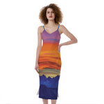 Sunset Mountain Print Slim Fit Midi Cami Dress